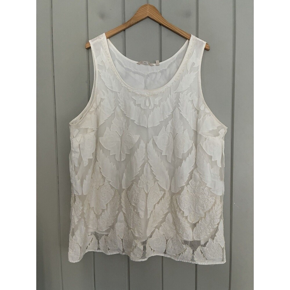 Soft Surroundings Tunic Top 3X Sleeveless Beaded Applique White Boho Scoop Neck